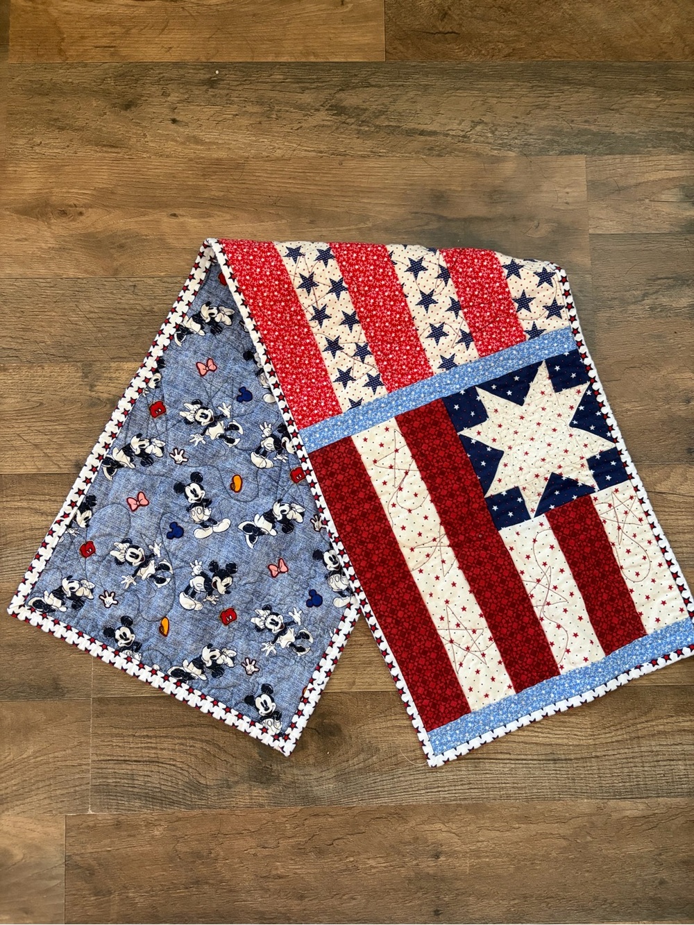 Patriotic Mickey Mouse Quilted Table Runner  - Red, White & Blue